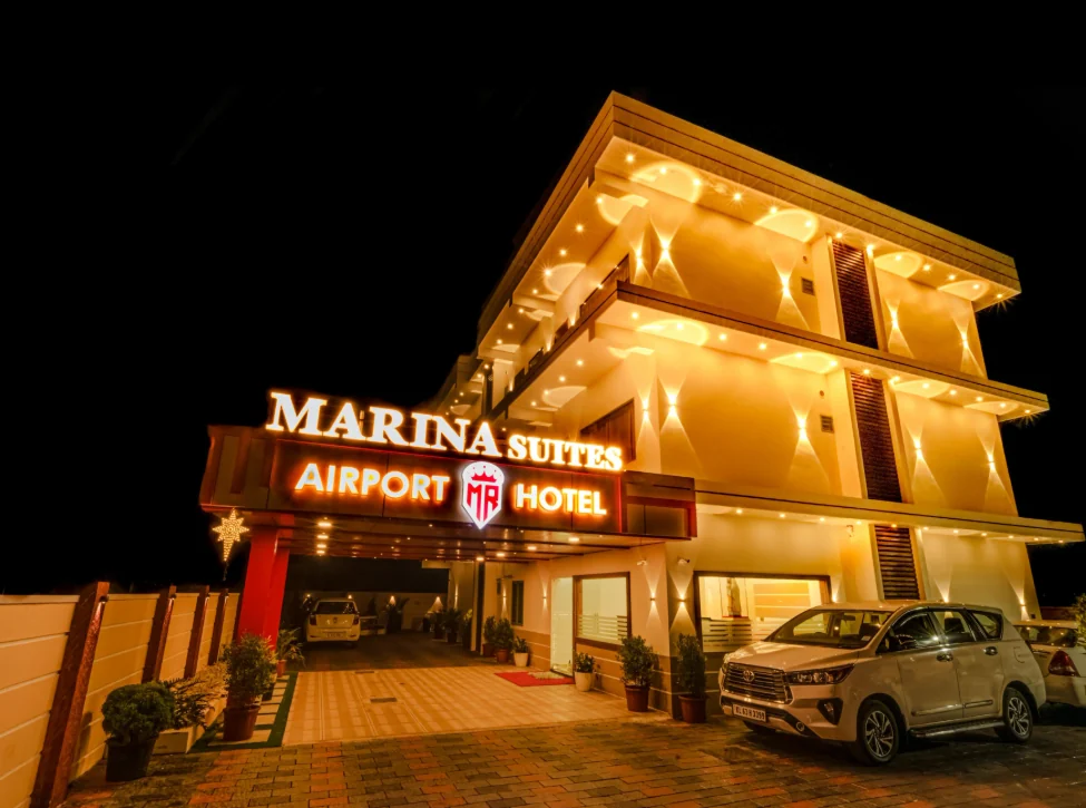 Exterior facade and entrance of Marina Suites Airport Hotel in Cochin Airport