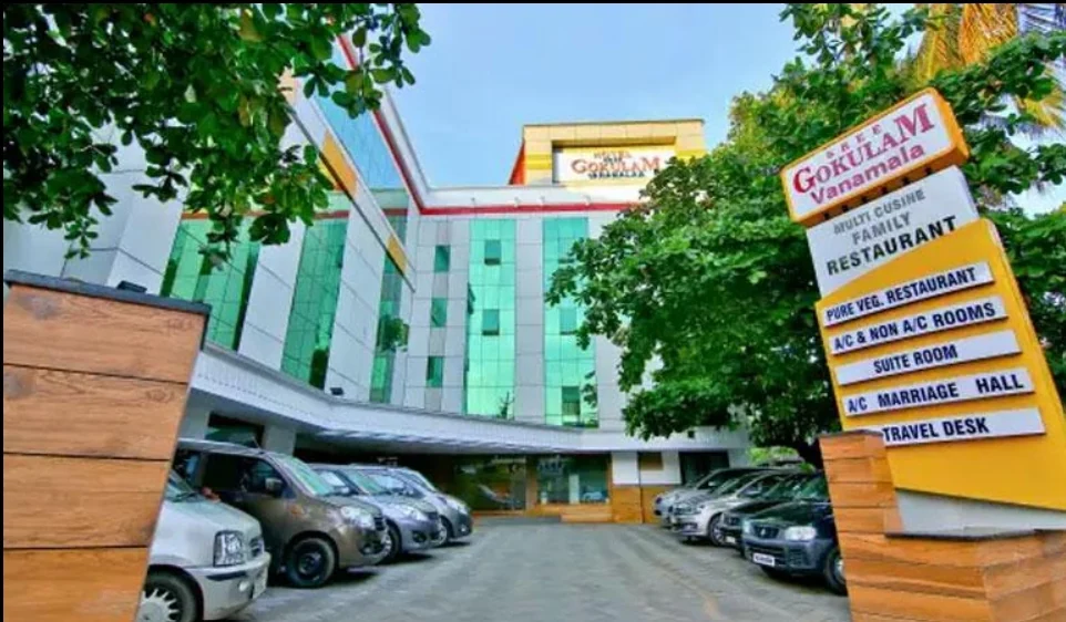 Exterior facade and entrance of Sree Gokulam Vanamala in Guruvayur