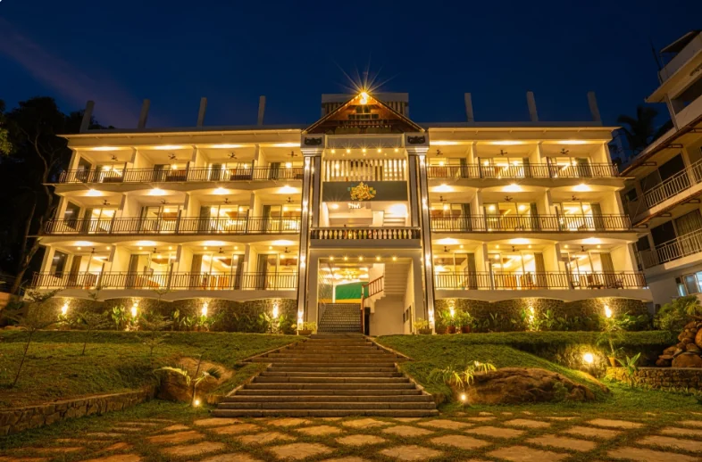 Exterior facade and entrance of Aadishakti Ayurveda Village & Beach Resort in Kovalam
