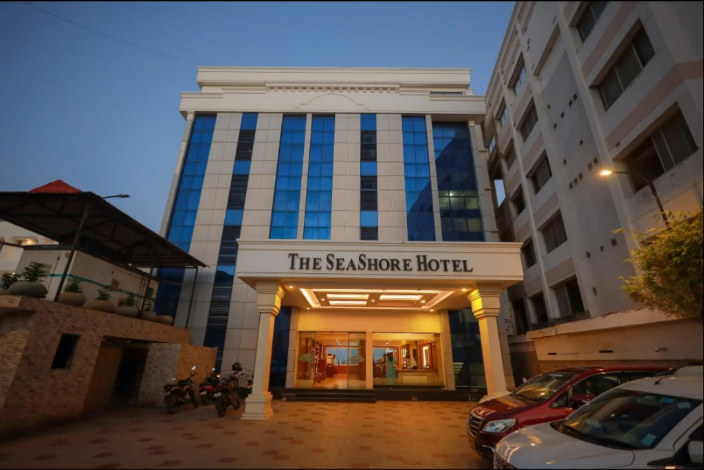 Exterior facade and entrance of Hotel Seashore in Kanyakumari