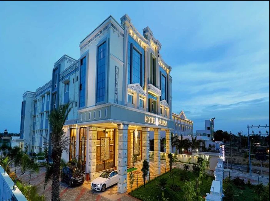 Exterior facade and entrance of Hotel Arjuna in Rameshwaram