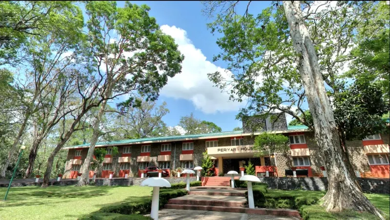 KTDC Periyar House entrance steps and landscaped forest lawn