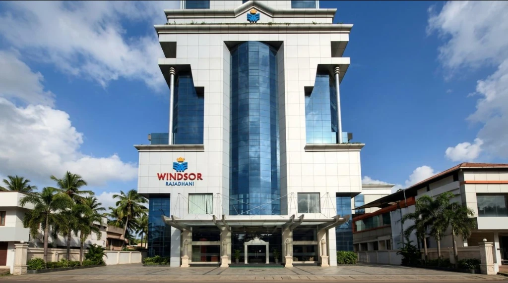 Exterior facade and entrance of Windsor Rajadhani in Trivandrum
